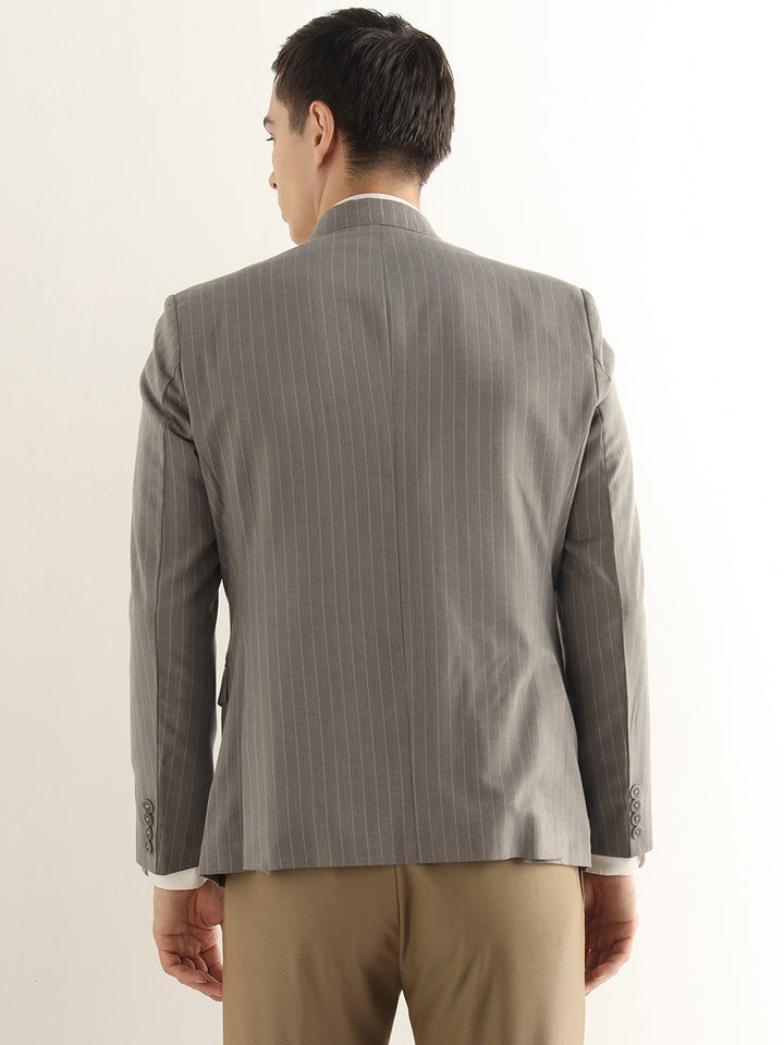 Hancock Men Greige Grey Striped Polyester Slim Fit Formal Blazer