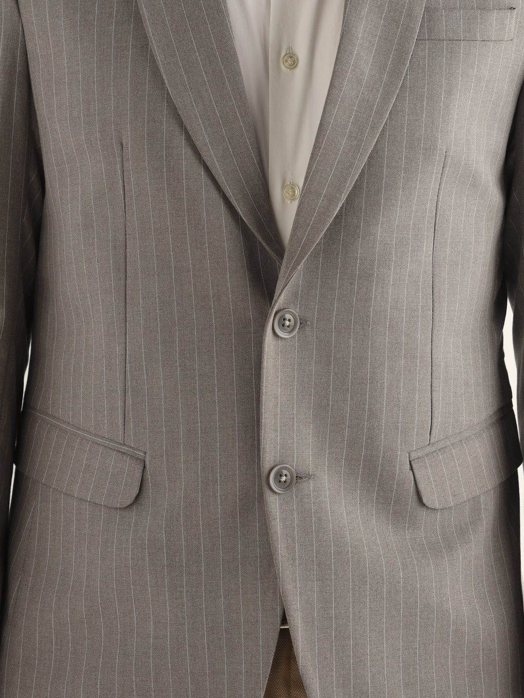 Hancock Men Greige Grey Striped Polyester Slim Fit Formal Blazer