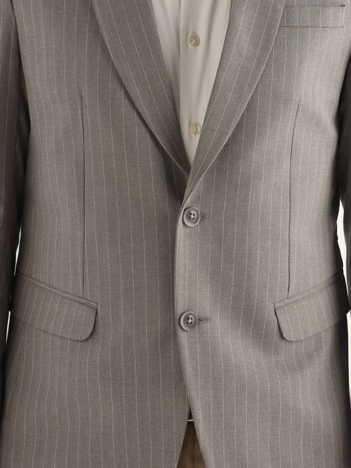Hancock Men Greige Grey Striped Polyester Slim Fit Formal Blazer