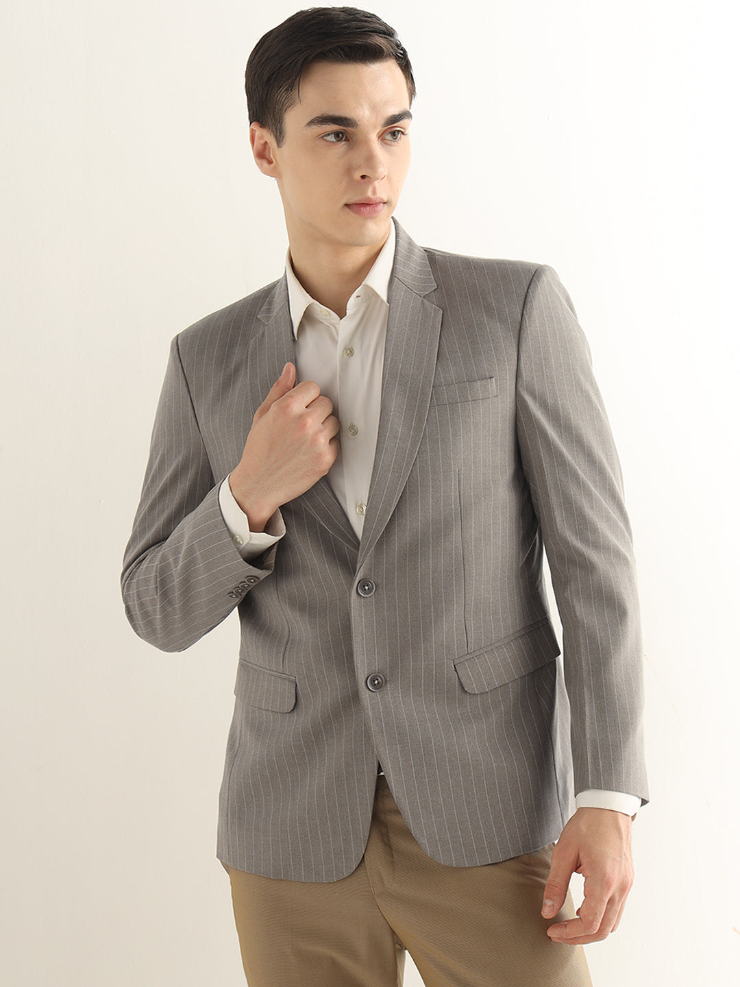 Hancock Men Greige Grey Striped Polyester Slim Fit Formal Blazer