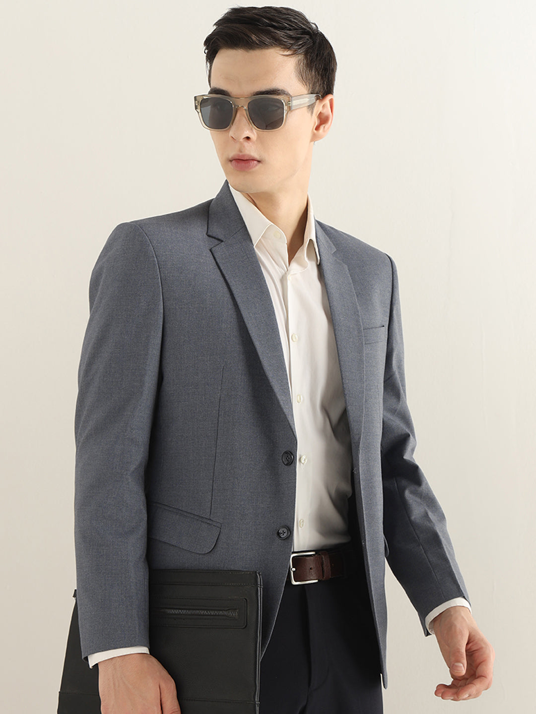 Hancock Men Bluish Grey Solid Polyester Slim Fit Formal Blazer