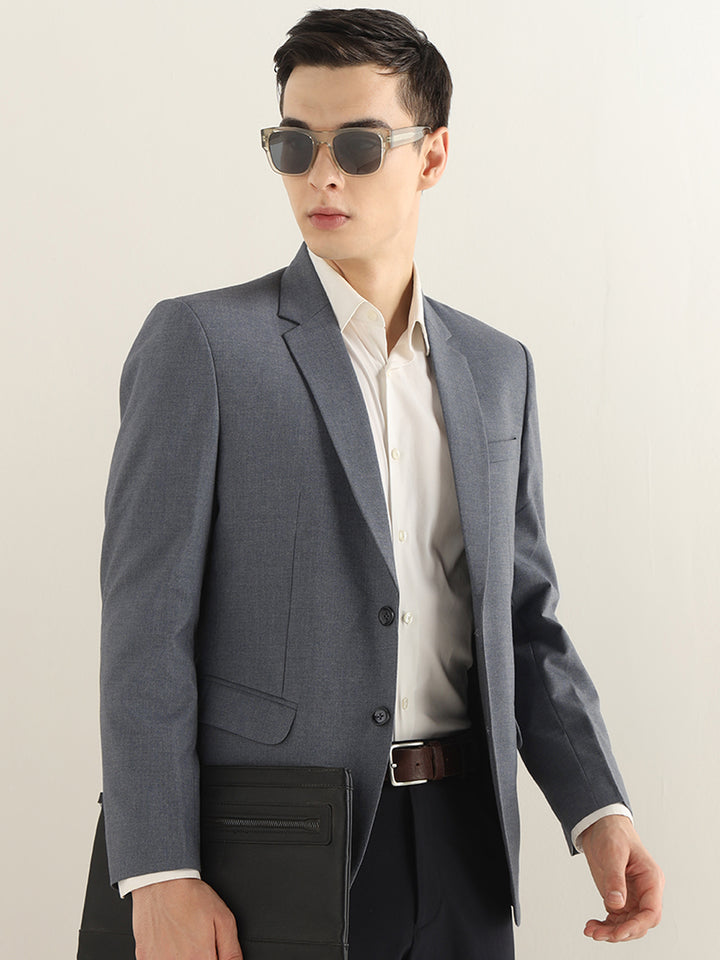 Hancock Men Bluish Grey Solid Polyester Slim Fit Formal Blazer