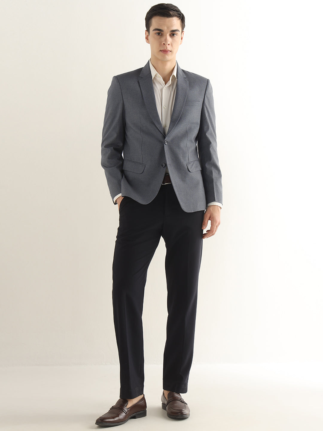 Hancock Men Bluish Grey Solid Polyester Slim Fit Formal Blazer