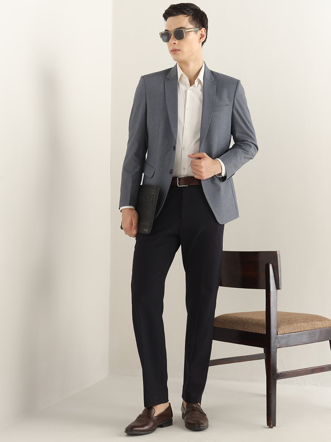 Hancock Men Bluish Grey Solid Polyester Slim Fit Formal Blazer