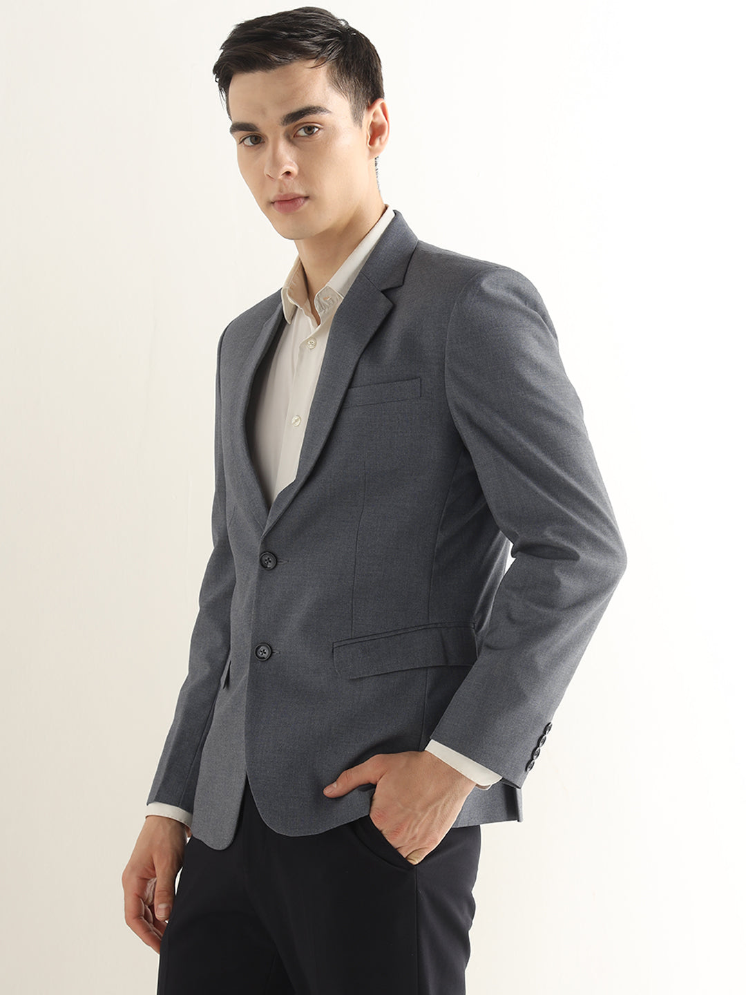 Hancock Men Bluish Grey Solid Polyester Slim Fit Formal Blazer
