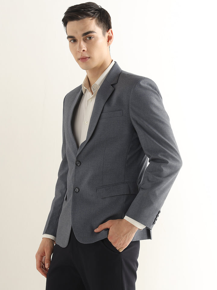 Hancock Men Bluish Grey Solid Polyester Slim Fit Formal Blazer
