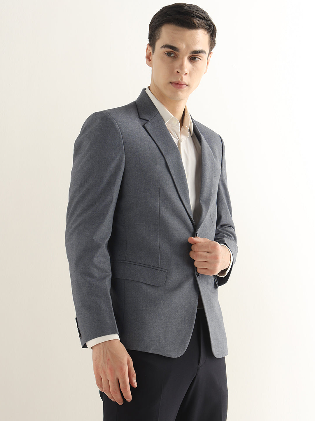 Hancock Men Bluish Grey Solid Polyester Slim Fit Formal Blazer