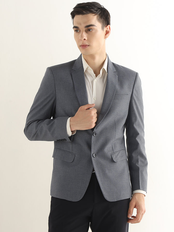 Hancock Men Bluish Grey Solid Polyester Slim Fit Formal Blazer