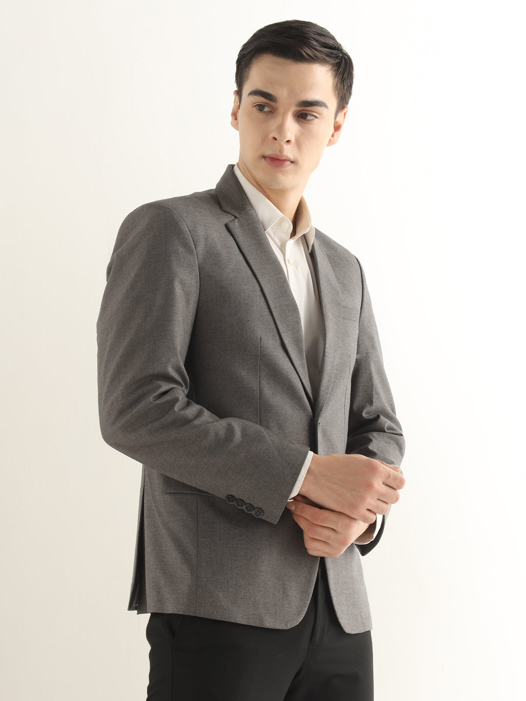 Hancock Men Graphite Grey Solid Polyester Slim Fit Formal Blazer