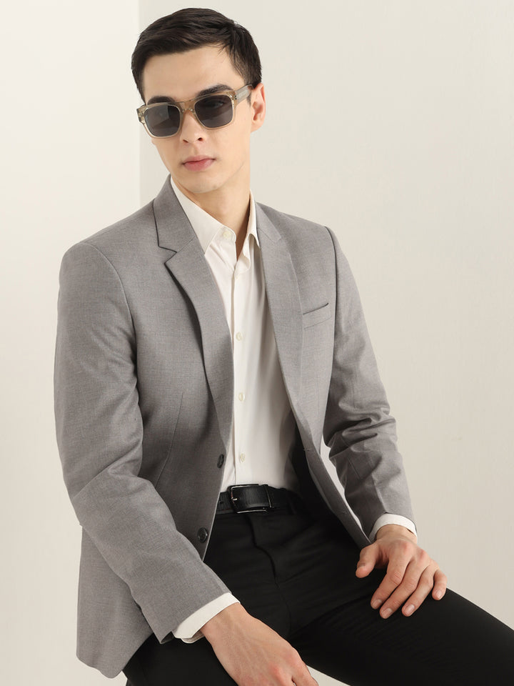 Hancock Men Heather Grey Solid Polyester Slim Fit Formal Blazer
