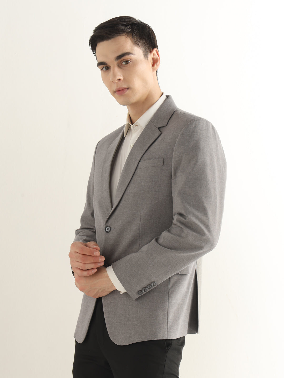 Hancock Men Heather Grey Solid Polyester Slim Fit Formal Blazer