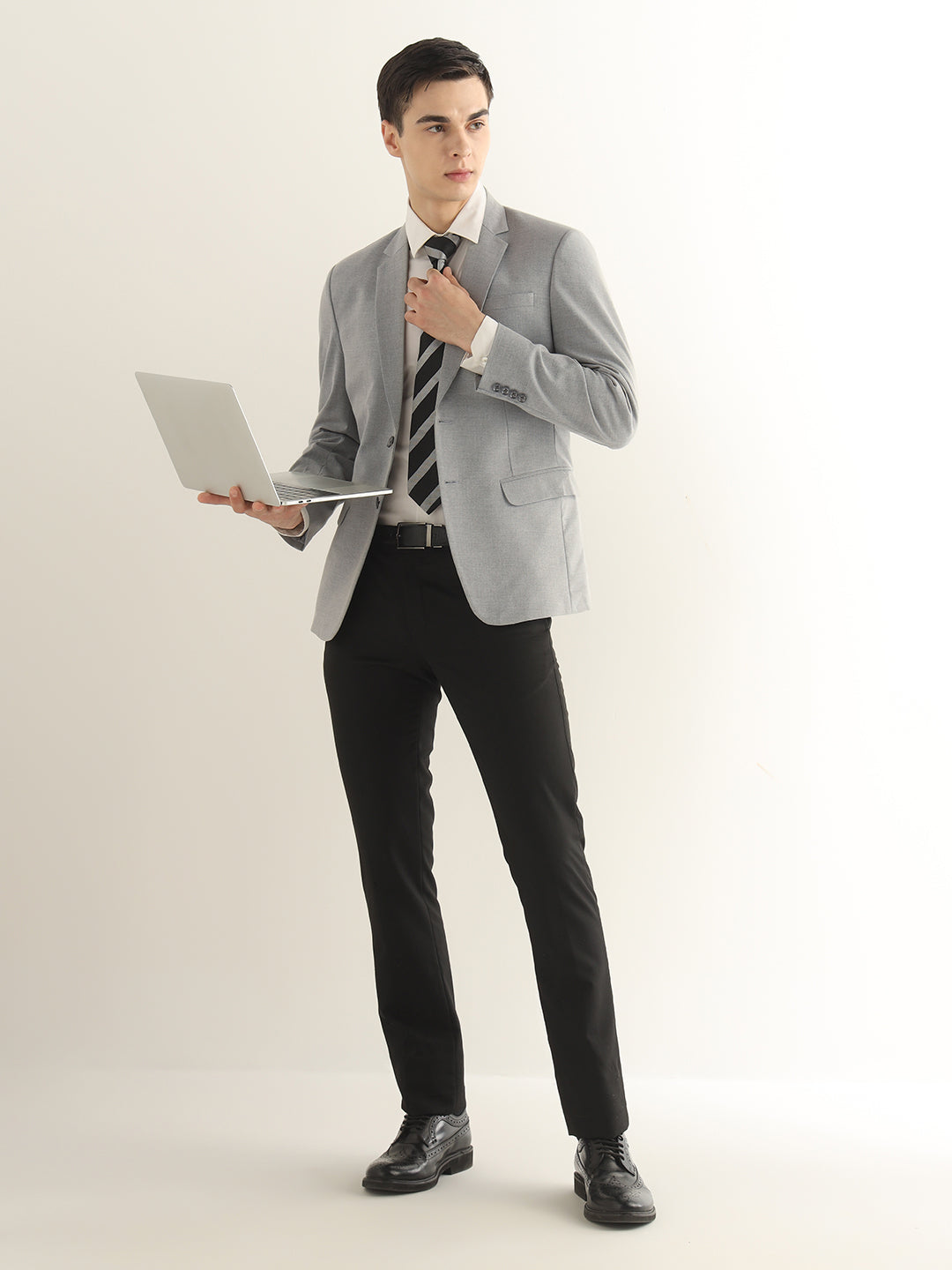 Hancock Men Melange Grey Solid Polyester Slim Fit Formal Blazer