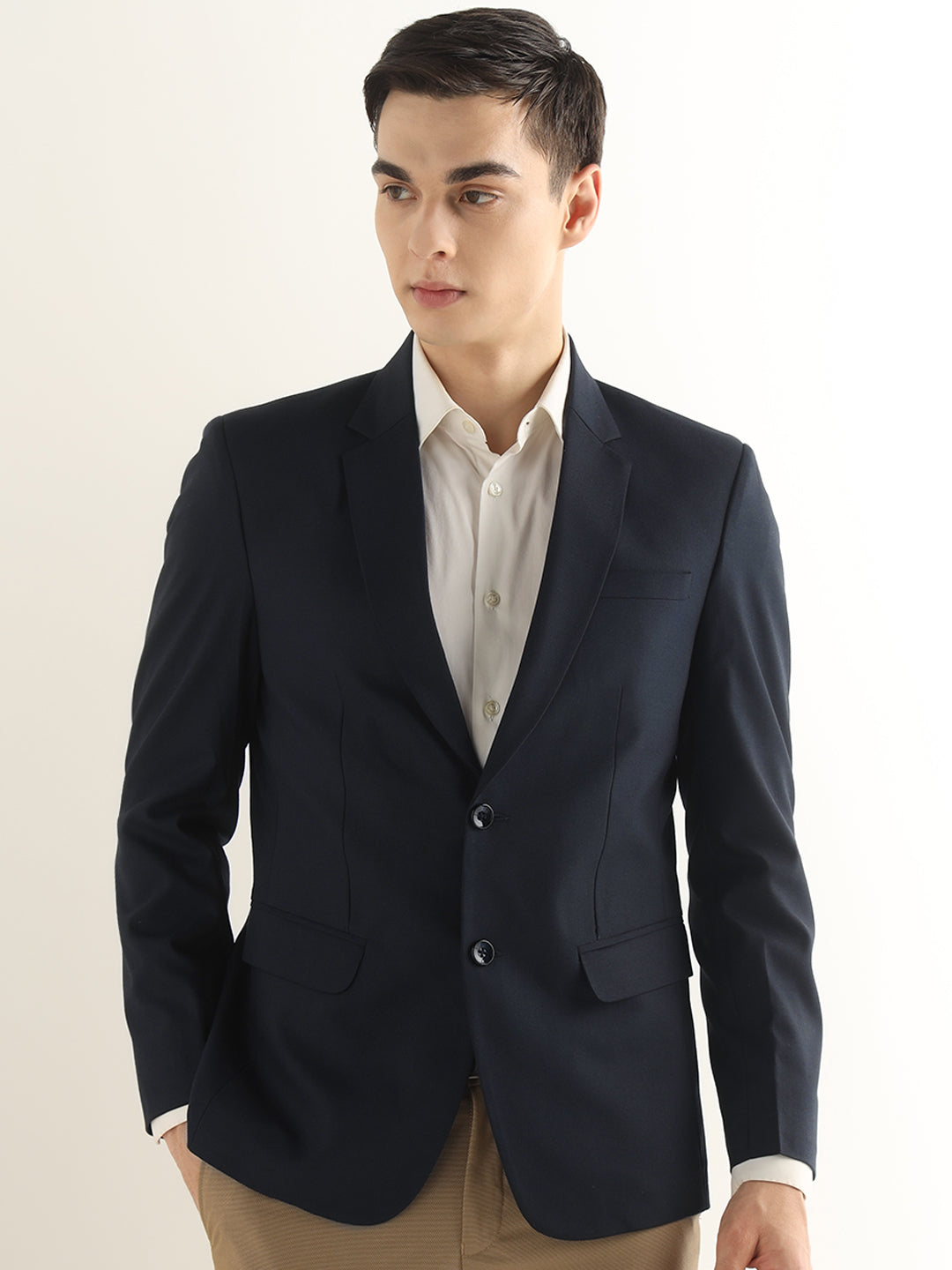 Hancock Men Navy Blue Solid Polyester Slim Fit Formal Blazer