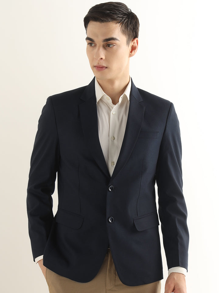 Hancock Men Navy Blue Solid Polyester Slim Fit Formal Blazer
