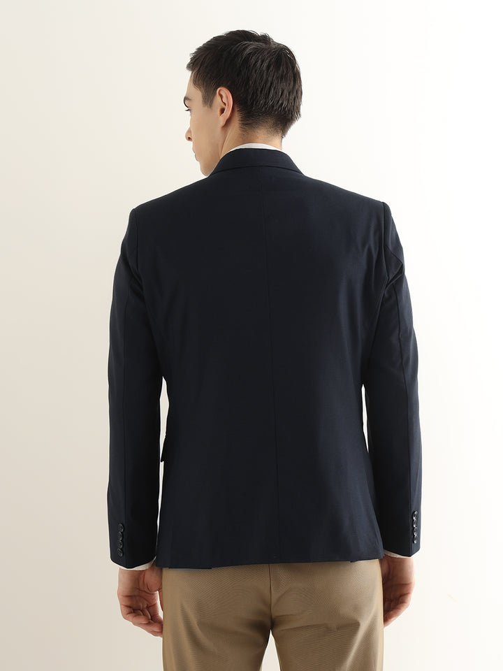 Hancock Men Navy Blue Solid Polyester Slim Fit Formal Blazer
