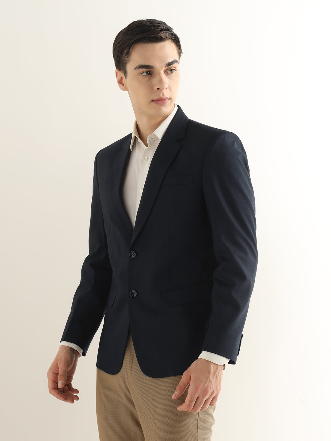 Hancock Men Navy Blue Solid Polyester Slim Fit Formal Blazer