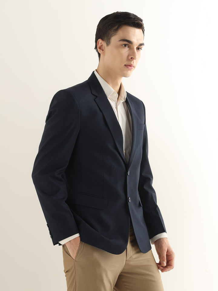 Hancock Men Navy Blue Solid Polyester Slim Fit Formal Blazer
