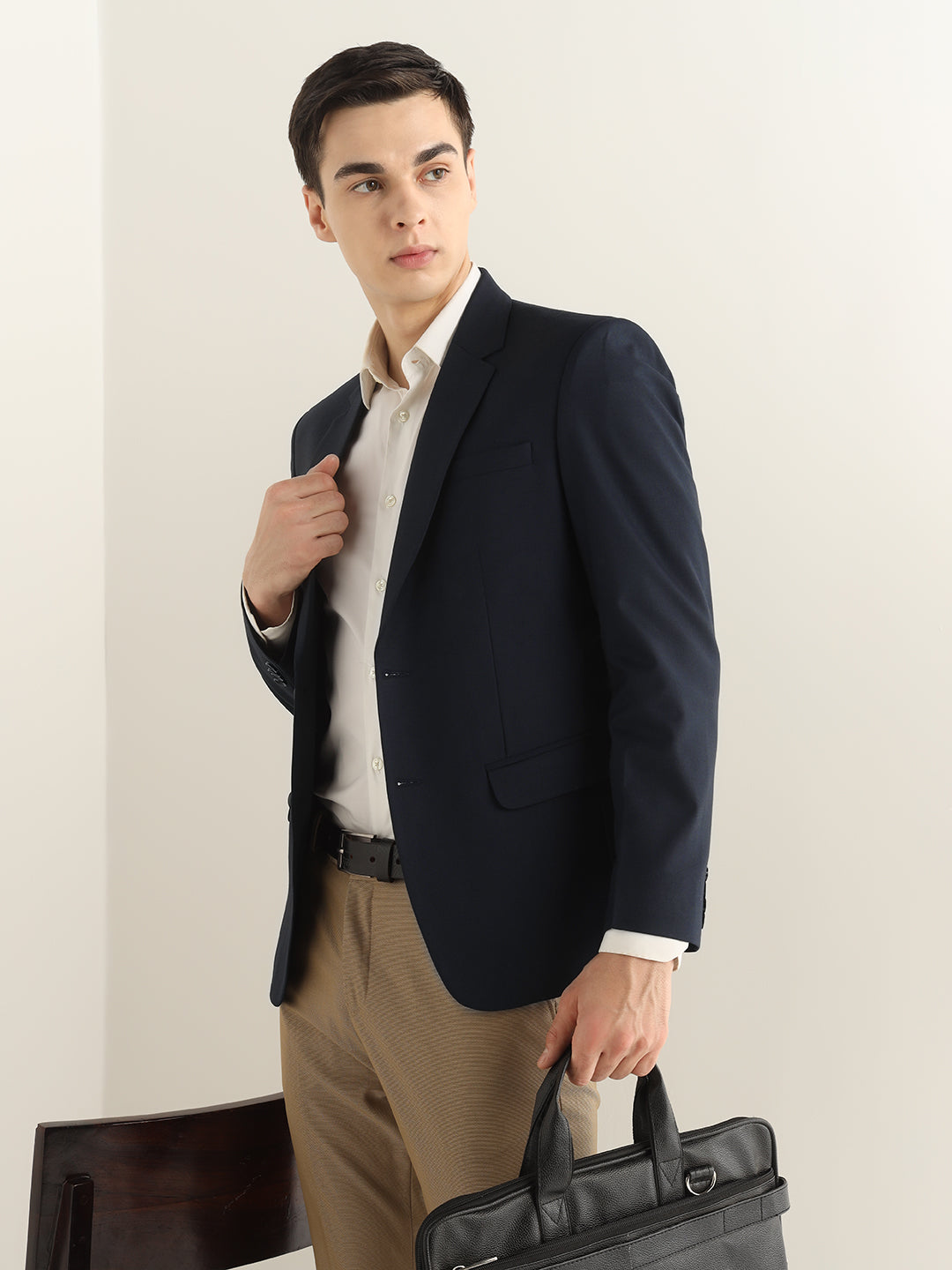 Hancock Men Navy Blue Solid Polyester Slim Fit Formal Blazer