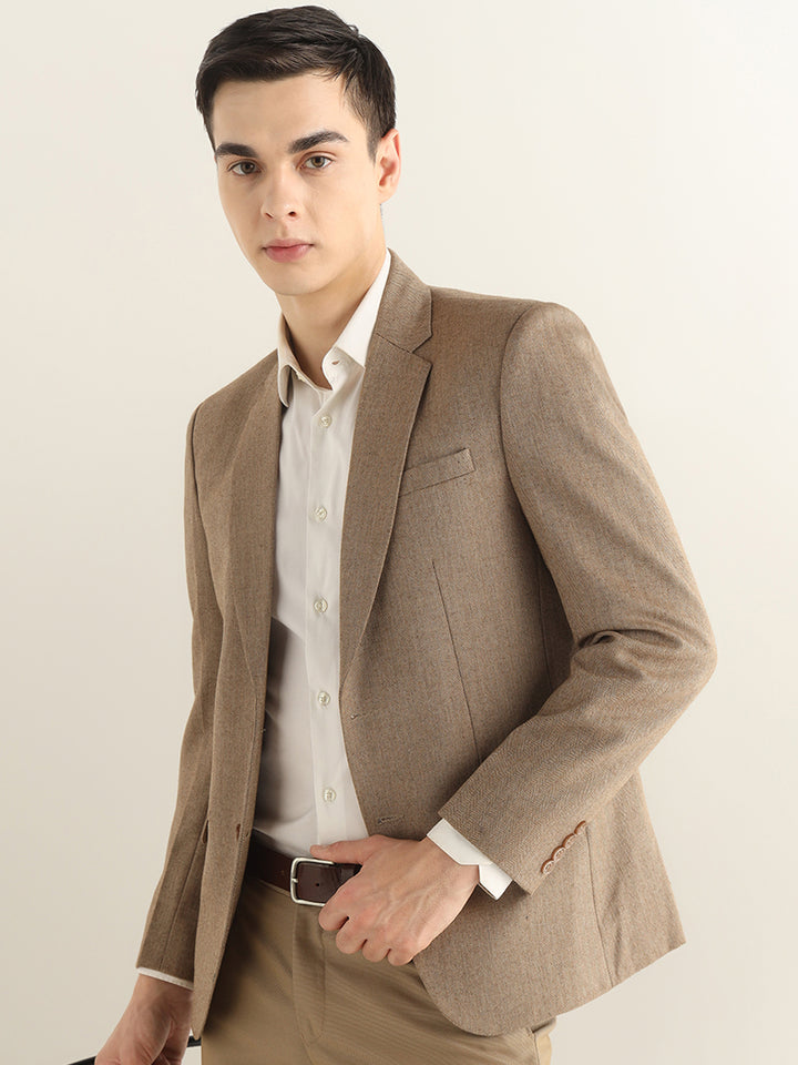 Hancock Men Brown Solid Self Design Polyester Slim Fit Formal Blazer