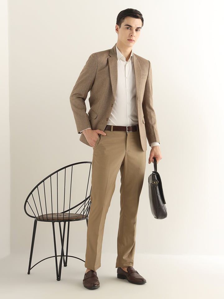 Hancock Men Brown Solid Self Design Polyester Slim Fit Formal Blazer