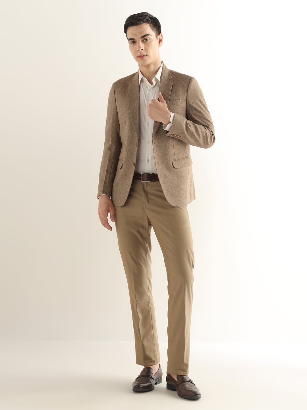 Hancock Men Brown Solid Self Design Polyester Slim Fit Formal Blazer