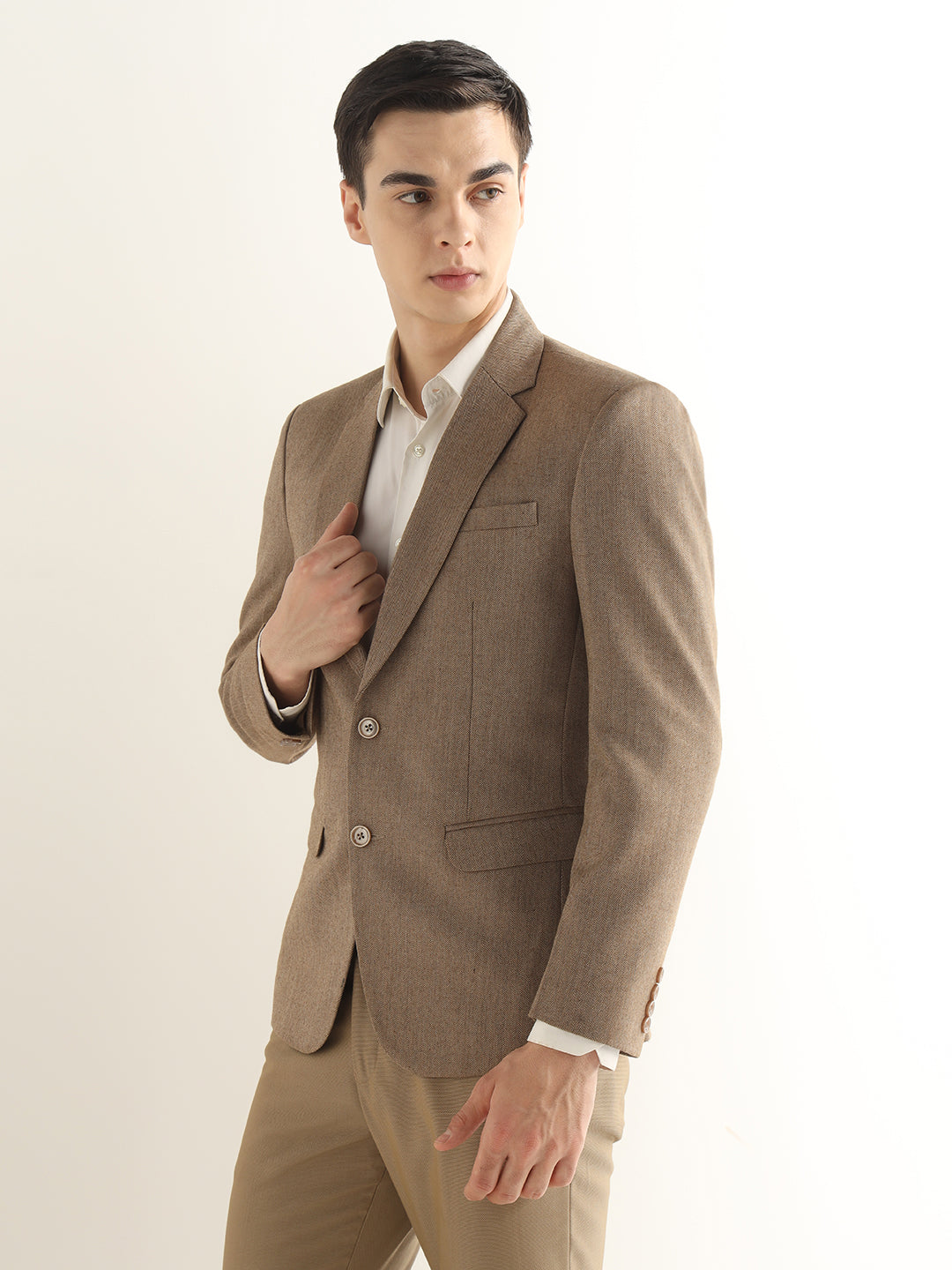 Hancock Men Brown Solid Self Design Polyester Slim Fit Formal Blazer