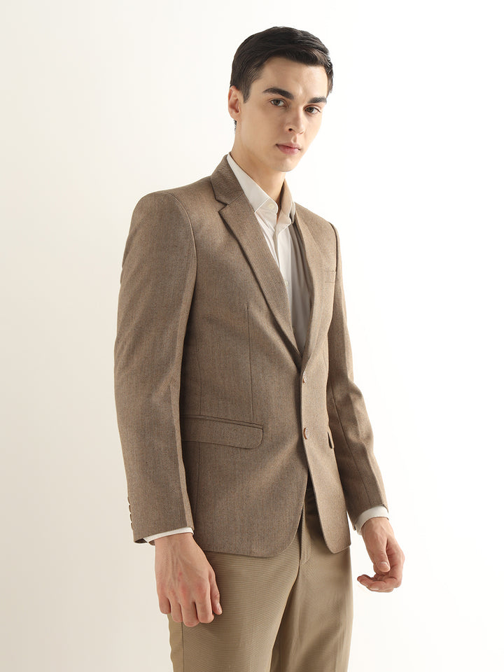 Hancock Men Brown Solid Self Design Polyester Slim Fit Formal Blazer