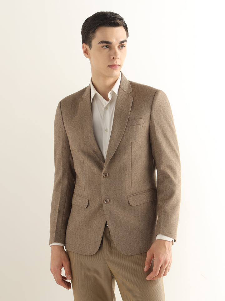 Hancock Men Brown Solid Self Design Polyester Slim Fit Formal Blazer