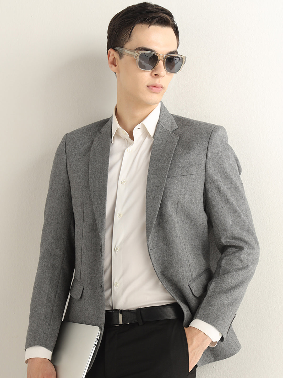 Hancock Men Grey Solid Self Design Polyester Slim Fit Formal Blazer
