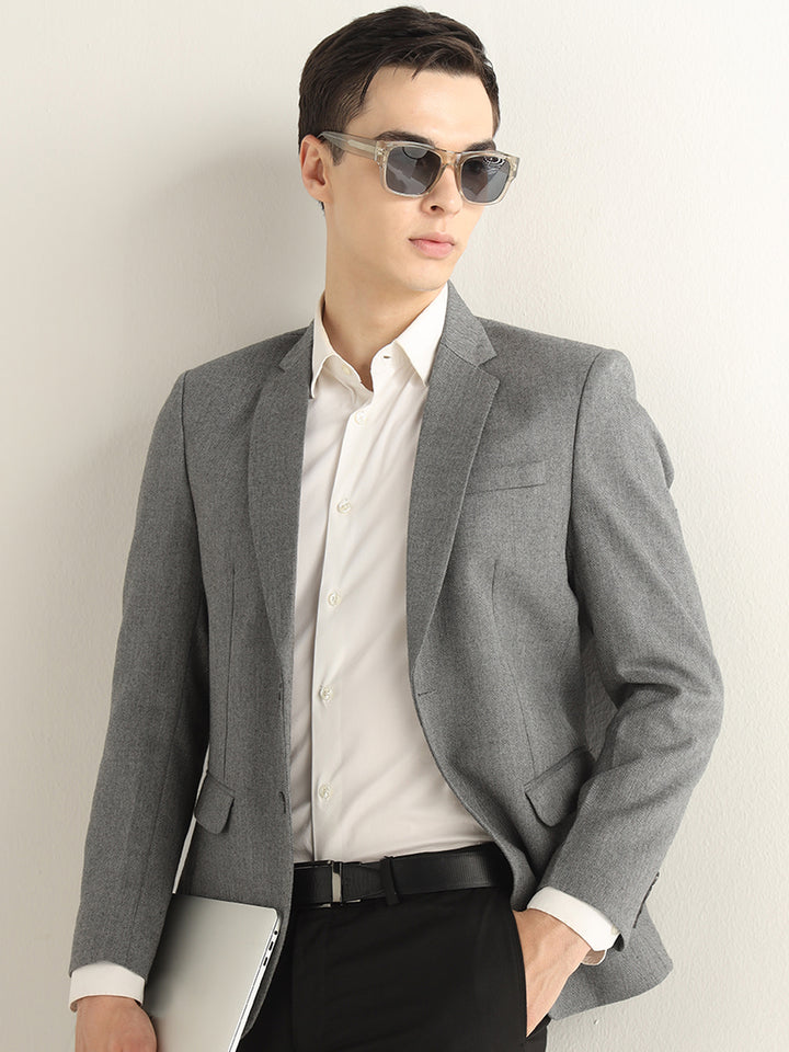 Hancock Men Grey Solid Self Design Polyester Slim Fit Formal Blazer
