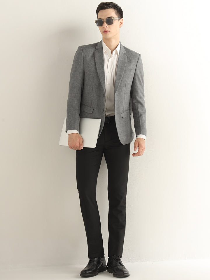 Hancock Men Grey Solid Self Design Polyester Slim Fit Formal Blazer