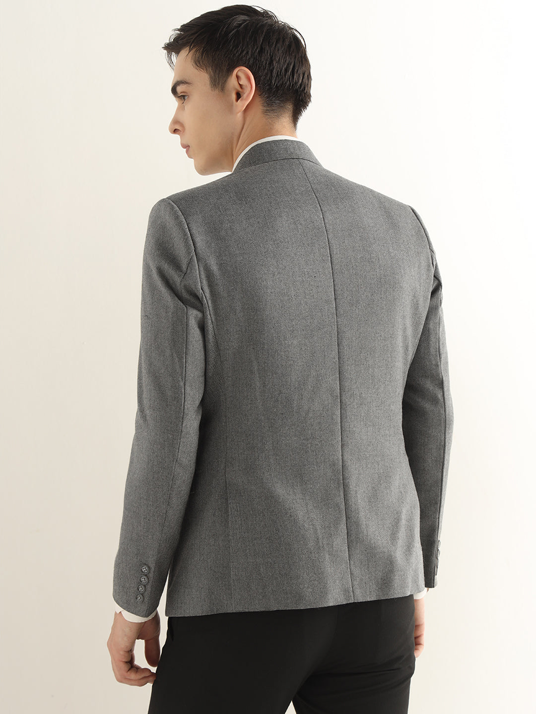 Hancock Men Grey Solid Self Design Polyester Slim Fit Formal Blazer