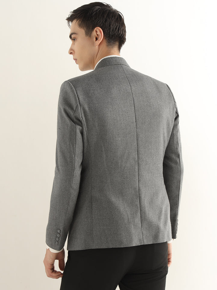 Hancock Men Grey Solid Self Design Polyester Slim Fit Formal Blazer