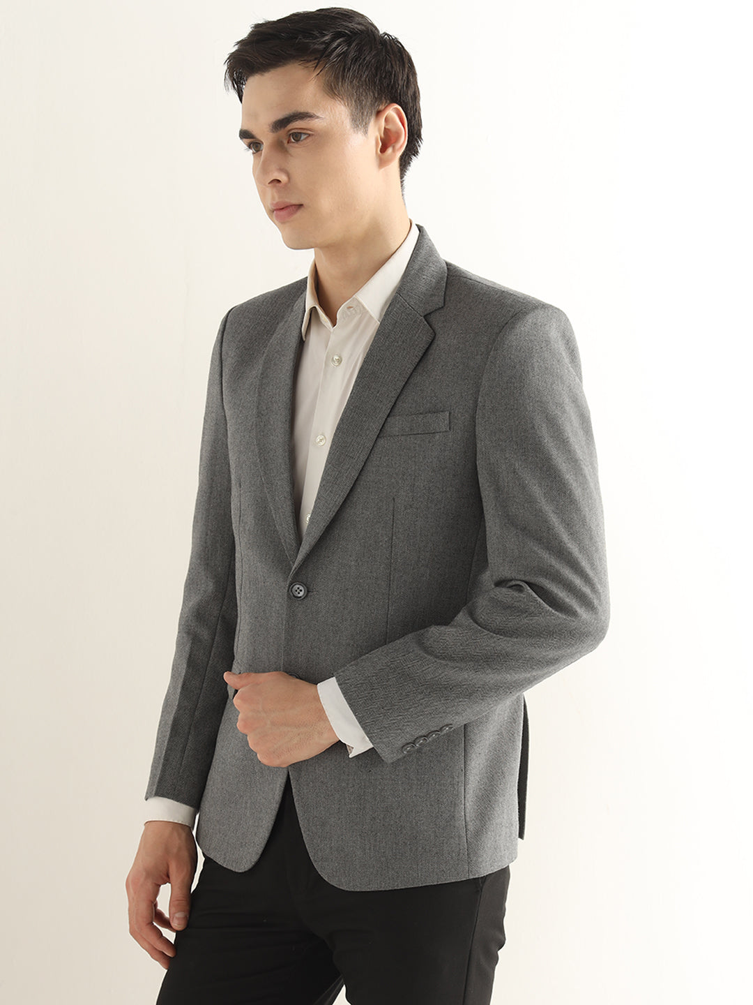 Hancock Men Grey Solid Self Design Polyester Slim Fit Formal Blazer