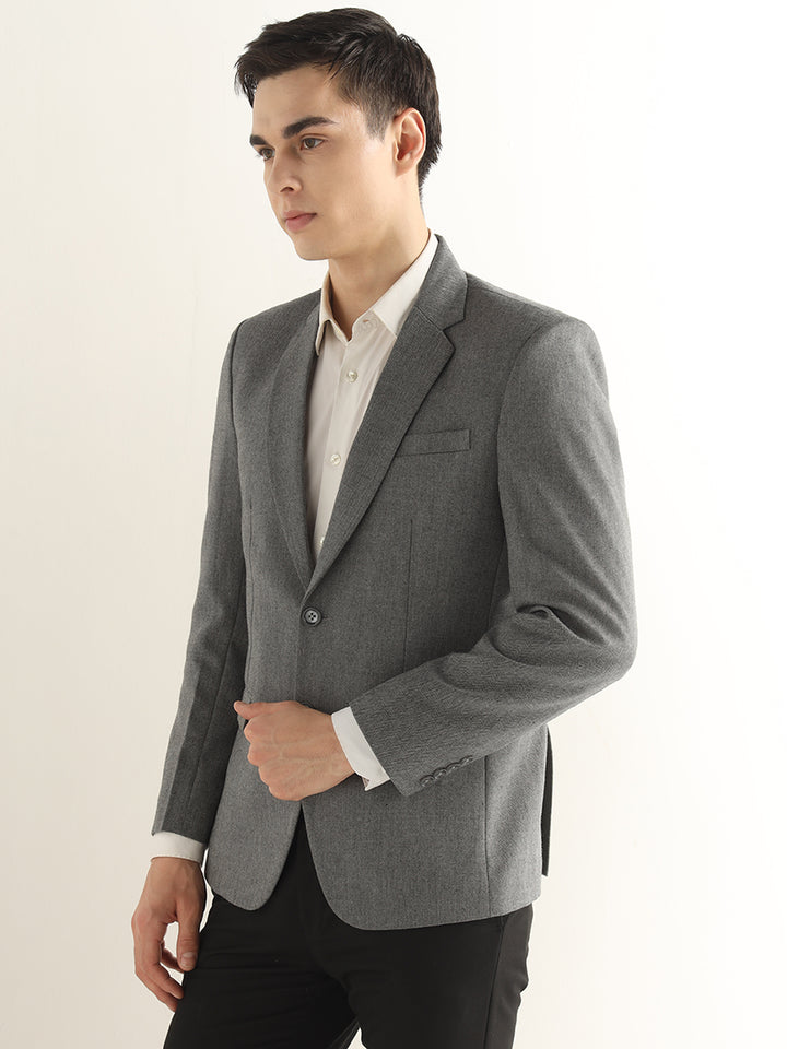 Hancock Men Grey Solid Self Design Polyester Slim Fit Formal Blazer
