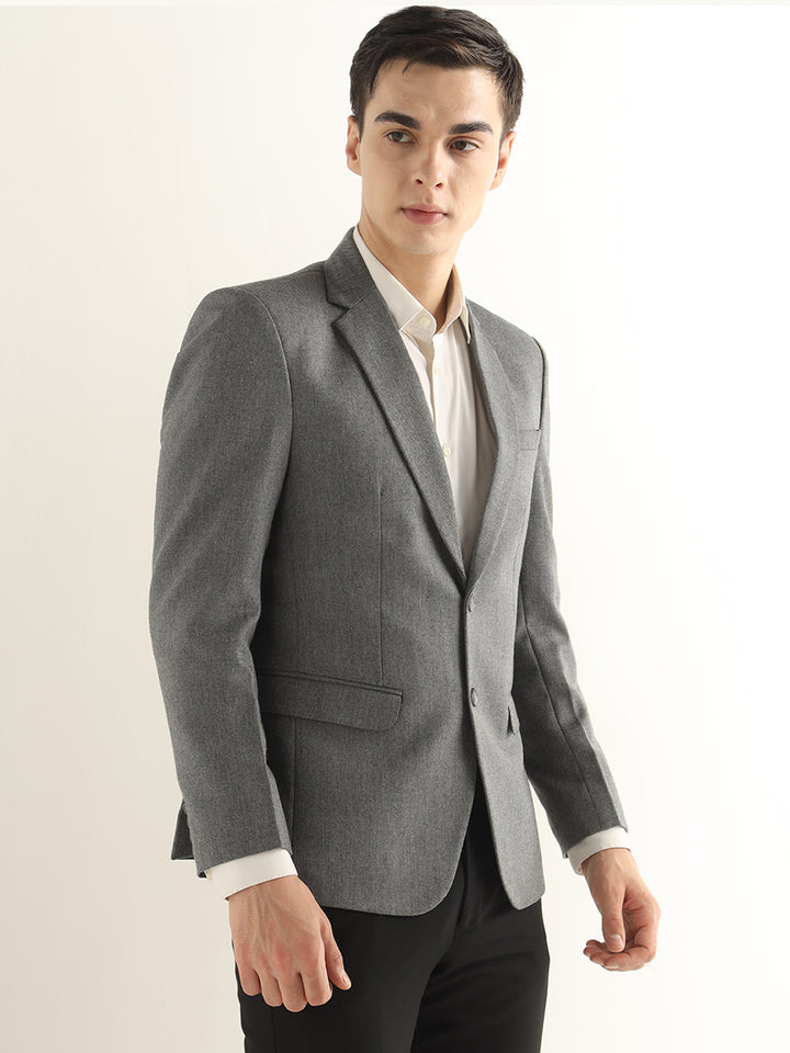 Hancock Men Grey Solid Self Design Polyester Slim Fit Formal Blazer