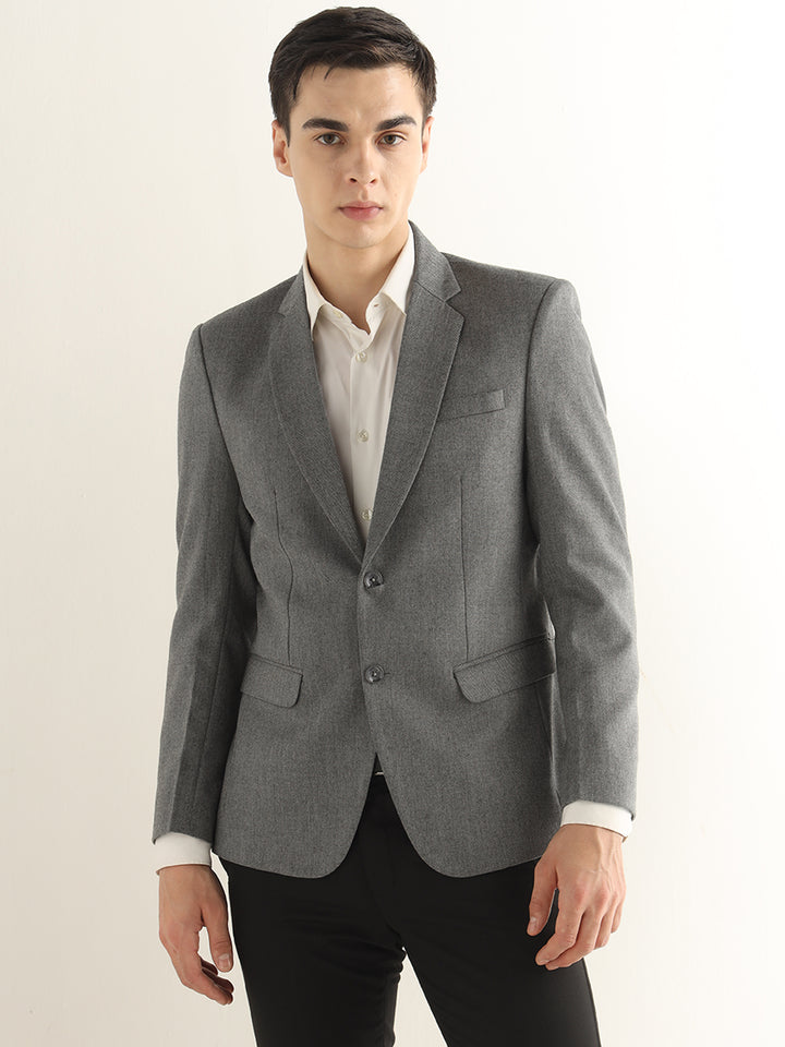 Hancock Men Grey Solid Self Design Polyester Slim Fit Formal Blazer