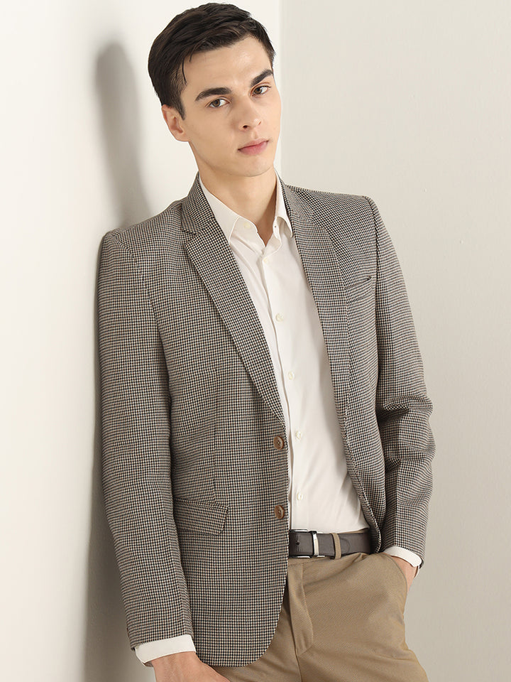 Hancock Men Beige & Brown Checked Polyester Slim Fit Formal Blazer