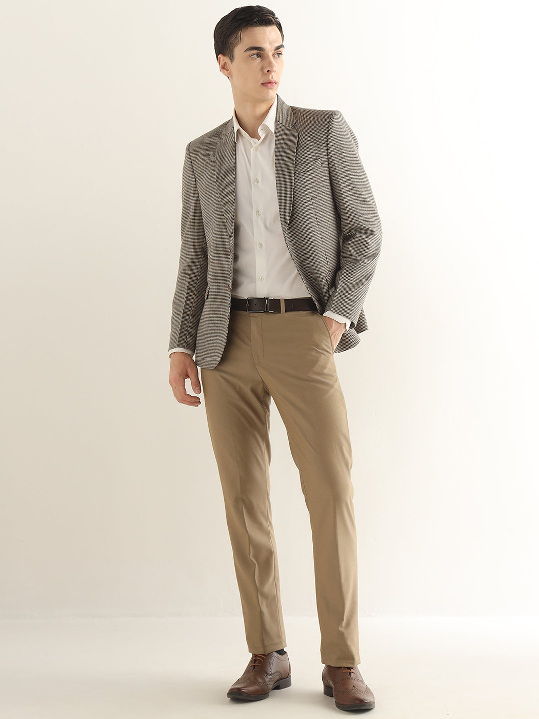 Hancock Men Beige & Brown Checked Polyester Slim Fit Formal Blazer