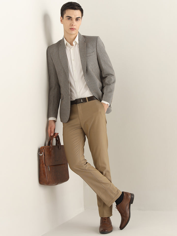 Hancock Men Beige & Brown Checked Polyester Slim Fit Formal Blazer
