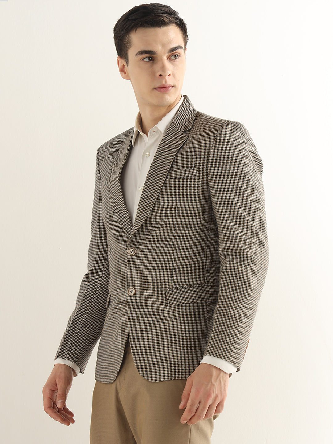 Hancock Men Beige & Brown Checked Polyester Slim Fit Formal Blazer