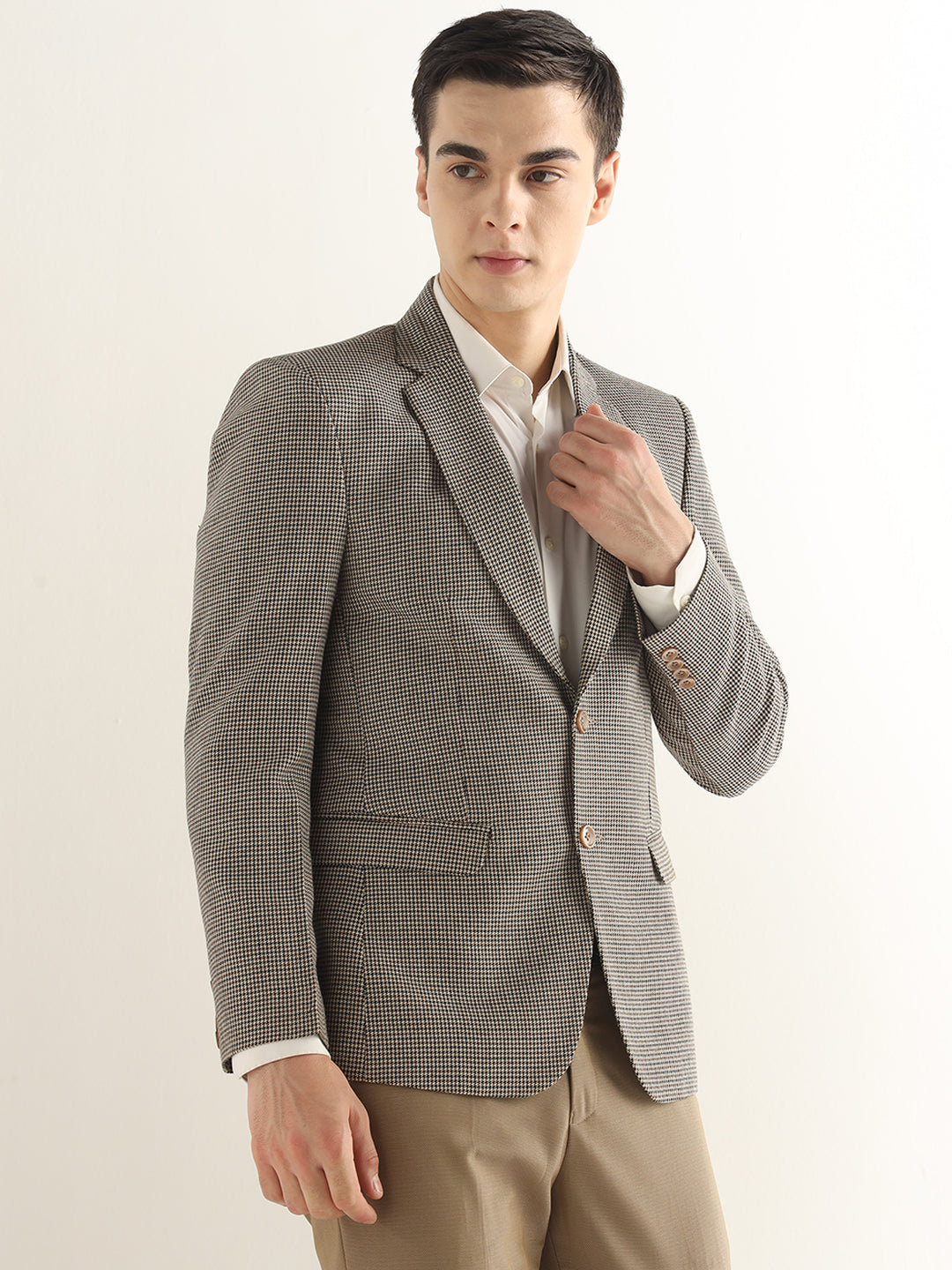 Hancock Men Beige & Brown Checked Polyester Slim Fit Formal Blazer