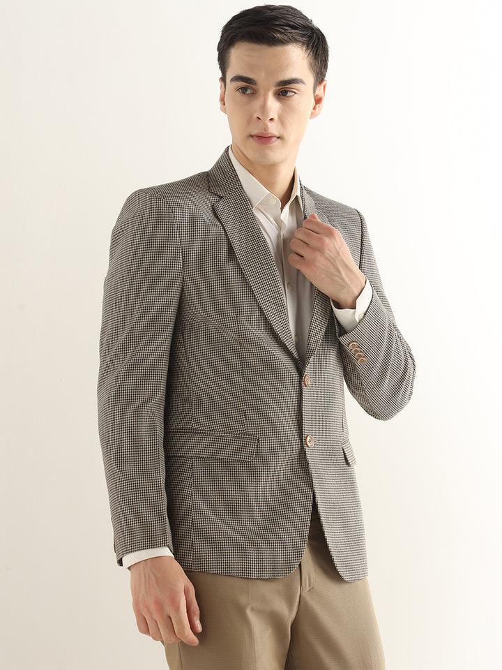 Hancock Men Beige & Brown Checked Polyester Slim Fit Formal Blazer
