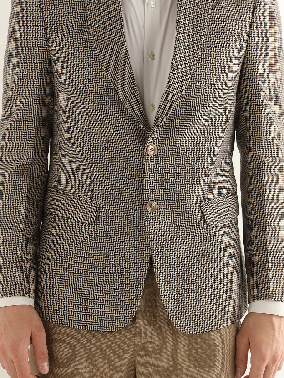 Hancock Men Beige & Brown Checked Polyester Slim Fit Formal Blazer
