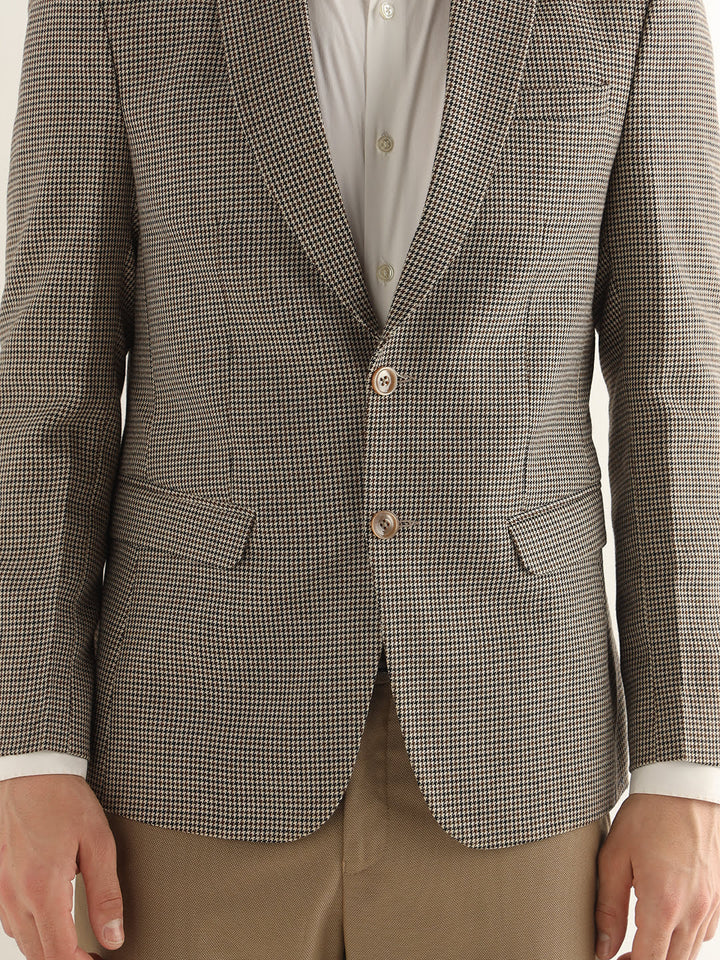 Hancock Men Beige & Brown Checked Polyester Slim Fit Formal Blazer