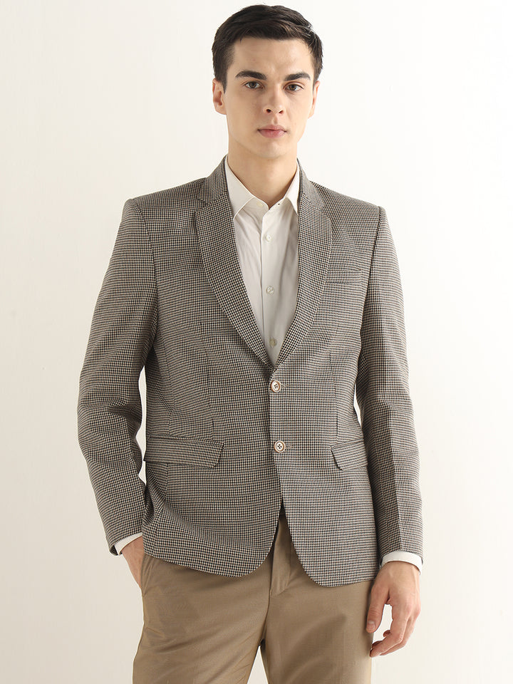 Hancock Men Beige & Brown Checked Polyester Slim Fit Formal Blazer