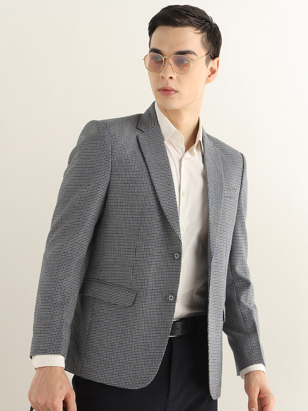 Hancock Men Grey & Navy Blue Checked Polyester Slim Fit Formal Blazer