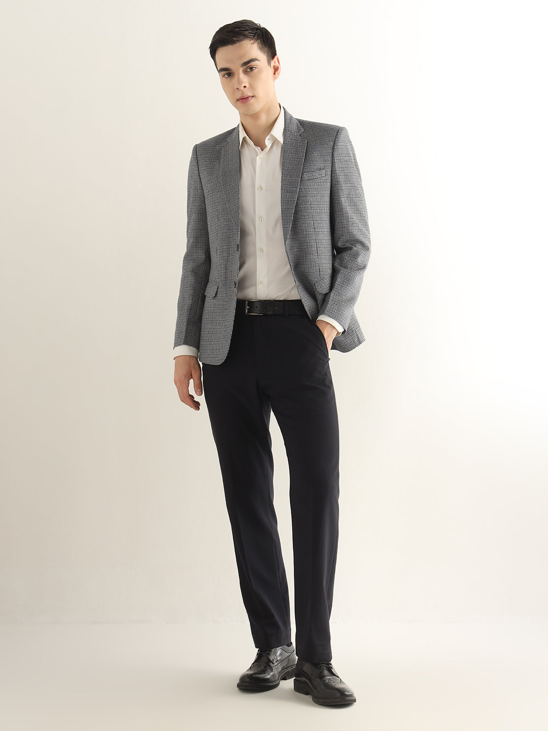Hancock Men Grey & Navy Blue Checked Polyester Slim Fit Formal Blazer