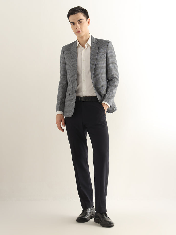 Hancock Men Grey & Navy Blue Checked Polyester Slim Fit Formal Blazer