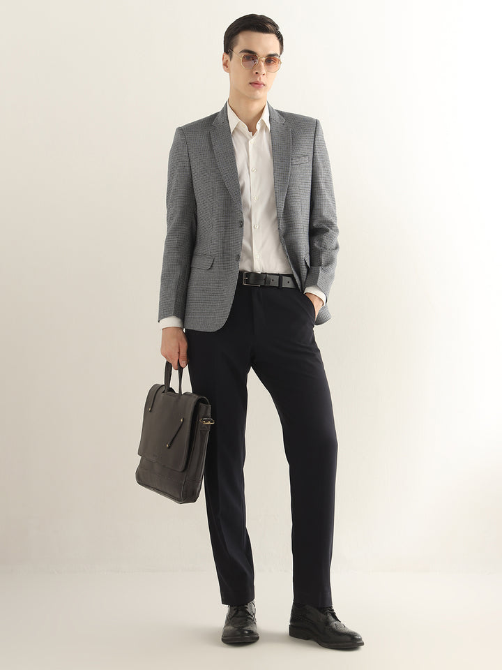 Hancock Men Grey & Navy Blue Checked Polyester Slim Fit Formal Blazer